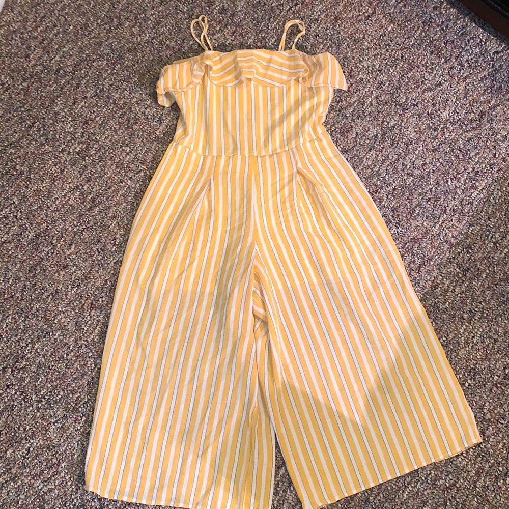 Women's Altar’d state yellow & white vertical striped sleeveless Capri jumpsuit